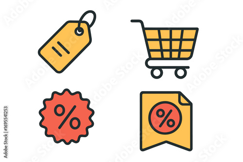 Shopping icons set with price tag, cart, discount percentage symbols. Vector e-commerce and retail pack. Modern linear style for online store, sale, and promotion design.