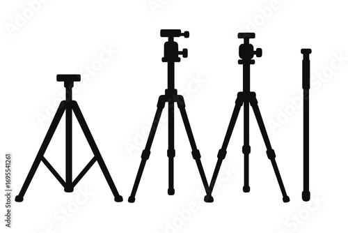 Set of tripod silhouettes for photography. Minimalist vector icons of camera stands. Professional photo and video equipment collection. Monopod and different tripods.