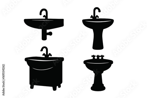 Silhouette set of bathroom sinks modern and classic styles collection, vector black washbasin icons with faucets, pedestal and cabinet designs, bathroom plumbing fixtures illustration