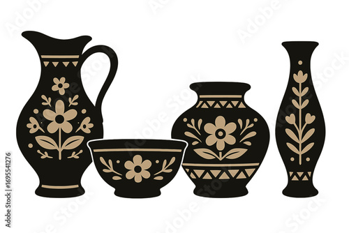 Silhouette pottery set with floral and geometric ornaments, decorative vintage ceramic jug, bowl, and vases, traditional folk art illustration, vector cartoon set with transparent background