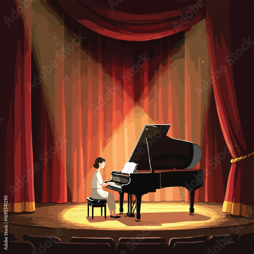 Beautiful watercolor illustration of a grand piano on a stage, illuminated by warm light and surrounded by red curtains, evoking artistic elegance.