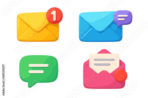3D email icons set vector. Mail message notification element. Cartoon communication symbol collection. Inbox chat bubble, new letter alert. Glossy UI UX web app graphic.