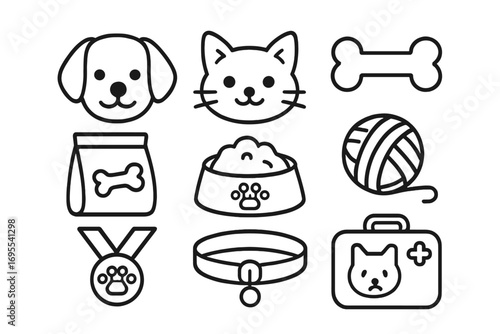 Adorable linear pet care icons for dog and cat lovers, cartoon style vector set with dog face, cat face, bone, pet food, yarn ball, collar, medal, and veterinary kit, transparent background