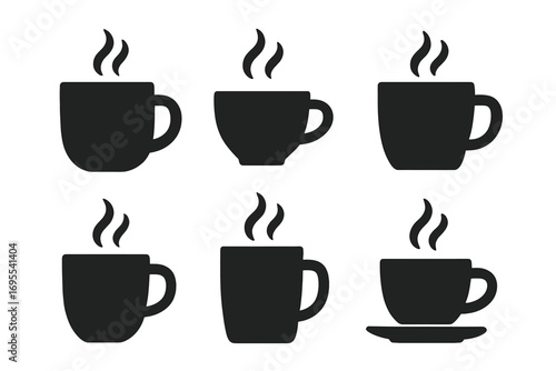 Coffee cup and mug silhouette icon set. Vector collection of hot drink symbols with steam. Minimalist flat graphic design elements for cafe, beverage, tea, or espresso logo.