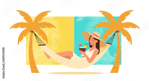 Relaxed Vacation: Woman Drinks Cocktail While Lounging in Hammock on Tropical Beach Getaway