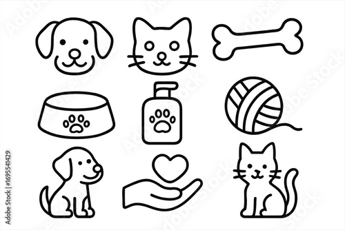 Adorable linear pet care icons for dog and cat lovers, cute cartoon vector set with dog, cat, bone, food bowl, shampoo, yarn ball, heart care hand on transparent background