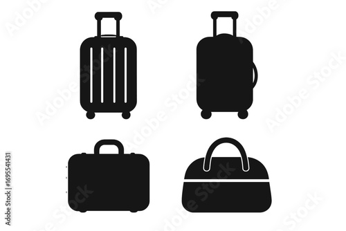 Silhouette travel suitcase icons set with rolling luggage and handbag, vector cartoon illustration, black suitcase design, travel essentials, isolated on white background, transparent background