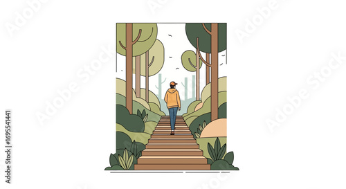 A person walking up a staircase through a forest towards the forest