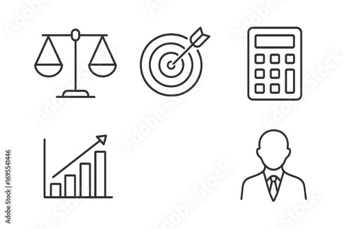 Minimalistic Business Line Icon Collection with Scales, Target, Calculator, and Growth Diagram. Editable Stroke Vector Pictograms for Cards, Apps, Banners, and Posts Design