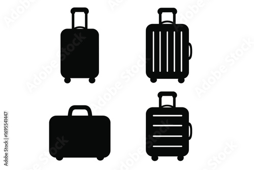 Silhouette travel suitcase icons set, black luggage silhouettes collection, vector cartoon illustration with transparent background, suitcase and trolley bags, travel essentials symbols