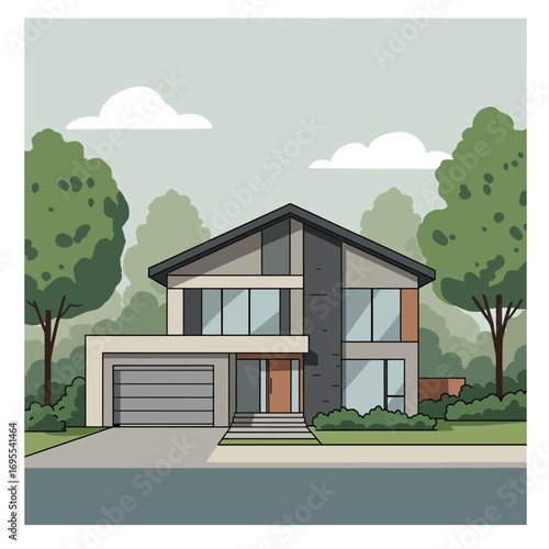 Beautiful watercolor illustration of a modern house surrounded by lush greenery. Showcasing architectural elegance, contemporary design, and tranquil living in a flat vector style.