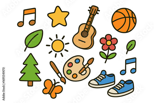Playful symbols of creativity and fun featuring music notes, guitar, nature elements, art palette, butterfly, sports ball, and sneakers in colorful cartoon vector illustration