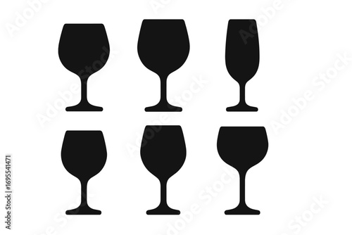 Silhouette wine glass icons in various stylish shapes on white background, black transparent vector set, elegant cocktail glassware, beverage collection, party and bar symbols