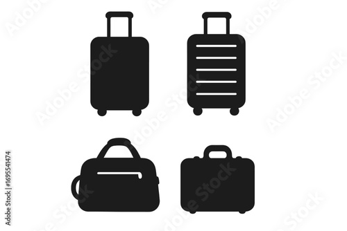 Silhouette travel suitcase icons set, vector luggage collection, rolling suitcase, carry-on bag, duffel bag, travel handbag, holiday baggage, trip essentials, tourism gear, minimalistic design