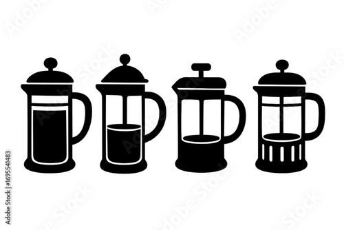 French press coffee maker silhouette vector icon set. Simple black style cartoon illustration collection of brewing equipment. Morning beverage kitchen utensil for caffeine.