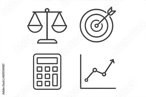 Scales balance target arrow calculator finance diagram business line icon pack editable stroke minimalistic linear pictogram design cards apps banners posts vector cartoon