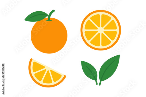 Orange fruit vector illustration set. Flat minimalist cartoon design of whole citrus, slices, and green leaves. Fresh healthy food icon collection for juice or vitamin C concept.