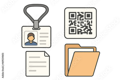 Professional ID essentials icon set in a flat cartoon style. Vector graphic of an employee badge, document, data folder, and QR code for identity verification or access.