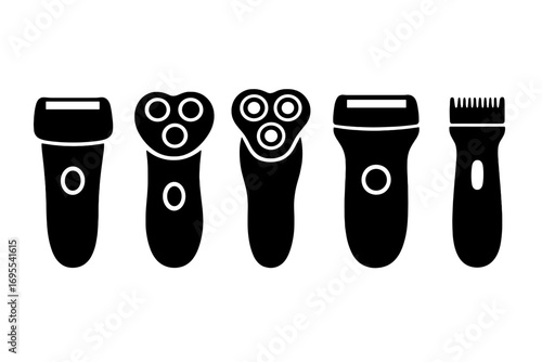 Electric razor and shaver silhouette icon set. Vector collection of various grooming tools. Foil and rotary shavers, beard trimmer. Men's personal care, hygiene and barber equipment.