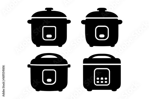 Set of modern electric rice cooker silhouette icons. Vector graphic illustration of kitchen appliances for cooking. Multicooker, pressure cooker, and food steamer concepts.