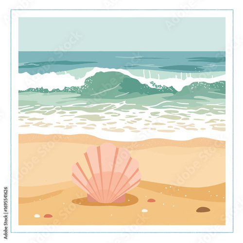 Beautiful watercolor illustration of a seashell resting on a sandy beach shore with gentle waves crashing in the background, evoking tranquility. Flat design vector.