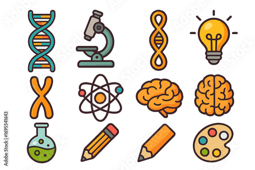 Science and design icons collection with genetics, brain, creativity, microscope, DNA, atom, light bulb, laboratory flask, pencil, and color palette symbols, vector cartoon illustration set