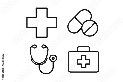 Set of healthcare line icons with editable stroke for design, websites, apps, and cards including medical cross, pills, stethoscope, and first aid suitcase linear images