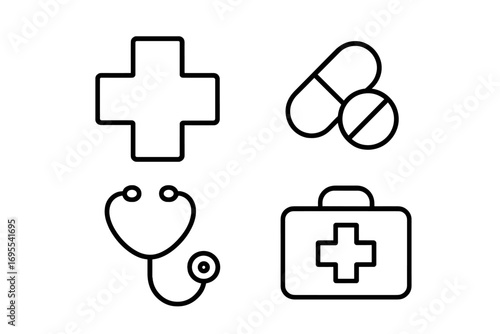 Set of healthcare line icons with editable strokes for medical design, websites, apps, and cards including medical cross, pills, stethoscope, first aid kit, linear vector illustrations