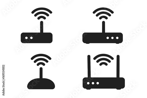 Wireless router wifi signal icon set. Silhouette vector illustration. Internet connection, network technology, data communication concept. Flat modem hotspot pictogram collection.