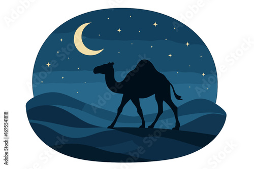 Silhouetted camel walking across sandy desert dunes under crescent moon and shining stars, serene desert night landscape vector, cartoon illustration with transparent background