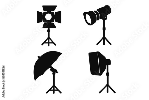 Studio light icons silhouette set, vector illustration with photography lighting equipment, softbox, umbrella, spotlight, professional photo studio gear, transparent background, vector cartoon