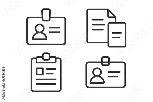 Set of minimalist linear icons of employee badge, identification card, documents, and clipboard. Editable stroke vector pictograms for business cards, apps, banners, and professional design elements.