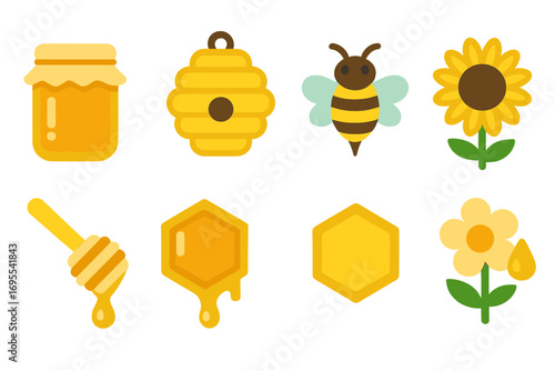 Honey and bee icon set. Flat vector cartoon illustration. Beekeeping and apiculture symbols. Honeycomb, beehive, jar, dipper, flower, and sunflower. Natural sweet organic food.