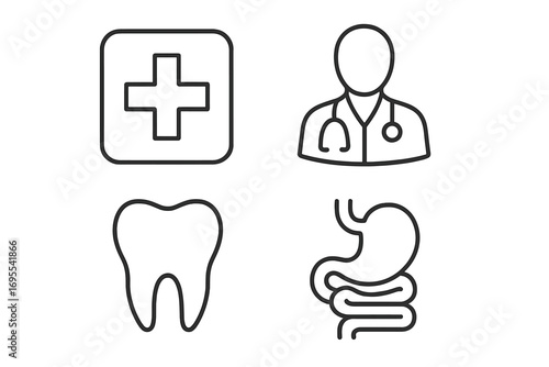 Minimalistic medical line icon set with editable stroke featuring medical cross, doctor, tooth, internal organs, clinic symbols for healthcare cards, app design, banners, posts