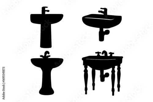 Vector silhouette set of bathroom sinks. Modern and classic washbasin design collection. Lavatory furniture for interior design. Sanitary ware plumbing icon set isolated.
