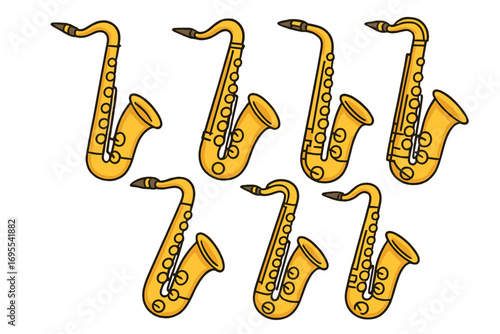Set of six modern cartoon saxophones in linear style, musical instrument vector illustration with transparent background, ordered collection for music design and education