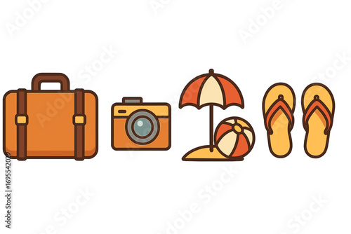 Travel icon set for summer vacation. Flat design cartoon vector collection. Suitcase for journey, photo camera, beach umbrella with ball, and flip flops. Tourism objects.