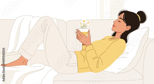 Relaxed Woman On A Couch Enjoys A Moment Of Peace While Holding Tea