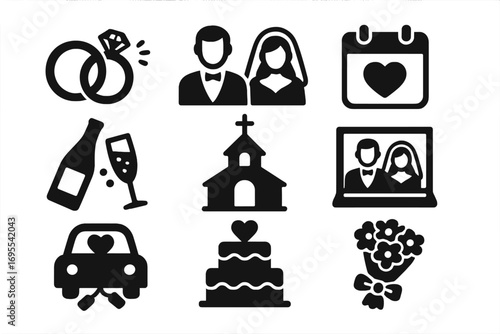 Wedding icons set with engagement rings, bride and groom couple, celebration elements, church, cake, bouquet, car with bottles, calendar and virtual wedding vector silhouette illustration