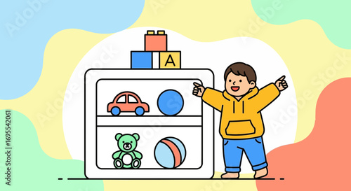 A Playful Child Excitedly Pointing Towards Stored Toys In A Cheerful And Vibrant Room