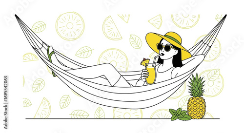Relaxed Woman Lounging in a Hammock Enjoying a Cool Pineapple Drink