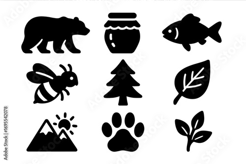 Wildlife icons set with bear, honey jar, fish, bee, pine tree, leaf, mountain sun, and paw print in bold silhouette style, vector cartoon illustration, transparent background