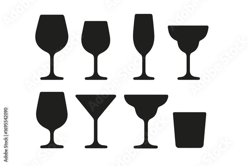 Set of wine and cocktail glass silhouettes. Vector icons for bar menu or party invitation. Minimalist glassware collection including margarita, martini, and champagne glasses.