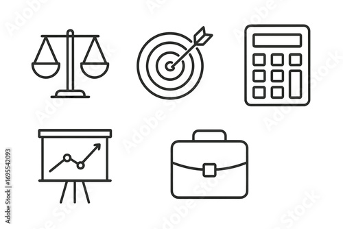 Simple linear business icons set with scales, target with arrow, calculator, growth chart on tripod, briefcase. Editable stroke, minimalist vector pictograms for card, app, banner, post design.