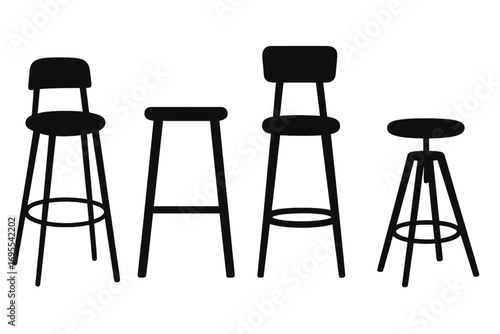 Collection of black silhouette bar stools. Various minimalist high chairs for kitchen, pub, or restaurant interior. Modern furniture vector icon set. Isolated design elements.