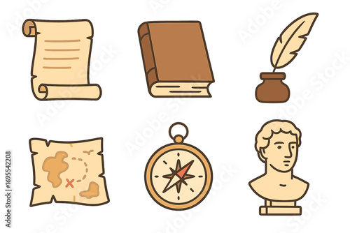 Set of historical icons. Scroll, book, quill, map, compass, bust in flat style. Vector cartoon illustration. History, education, writing, exploration, discovery concept.