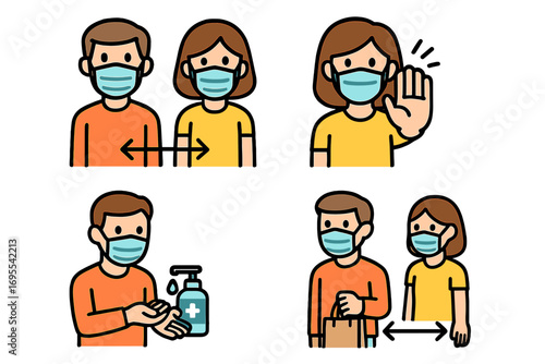 Social distancing signage vector cartoon illustration with face masks, hand hygiene, safe distance, pandemic protection, health safety guidelines, virus prevention concept