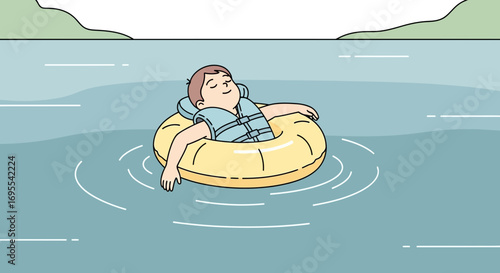 A relaxed person floating in water while wearing a life vest during summer holidays