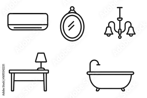 Simple linear interior illustration with icons of air conditioner, oval mirror, table with lamp, chandelier, and bathtub, minimalist design for cards, apps, web, and posts
