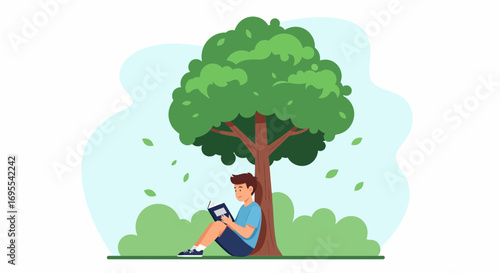 A Relaxed Young Man Reading Under a Tree in a Peaceful Park Setting